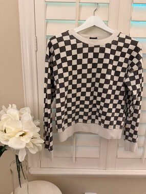 MOTHER Checkerboard Crewneck Sweater in Black and White